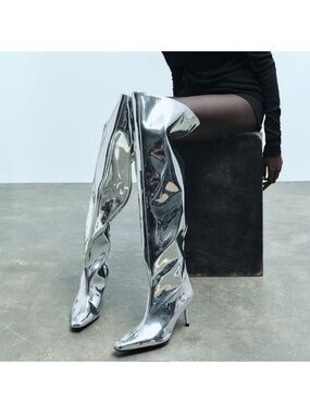 ZARA silver Metallic Over-the-Knee Stiletto Boots - Women's